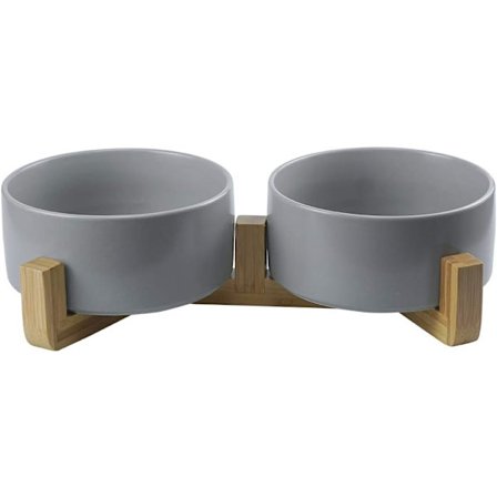 Gråa hund- och kattmatskålar i keramik med bambuhållare