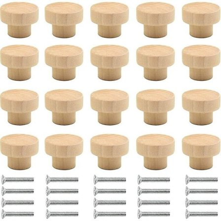 20 stk. træknapper til skabe - Runde knapper i naturligt træ - Til skabe, skuffer, kommoder