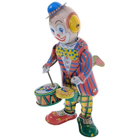 1 stk. Trommespillende klovn tegneserie optrækslegetøj barndomsminde antik scene bliklegetøj