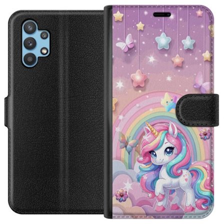 Kompatibel Tegnebogsetui til Samsung Galaxy A32 5G Magisk enhjørning med regnbue manke, stjerner og sommerfugle mod en pastelfarvet himmel med skyer