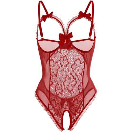 gerie för Kvinnor En-Delad Teddy Lingerie Sexig Bodysuit Spets Nattlinne Vinröd XX-Stor
