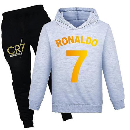 Barns pojkar och flickor Ronaldo tryckt långärmad tröja + byxor Casual Set Sportkläder grå grey 9-10 Years