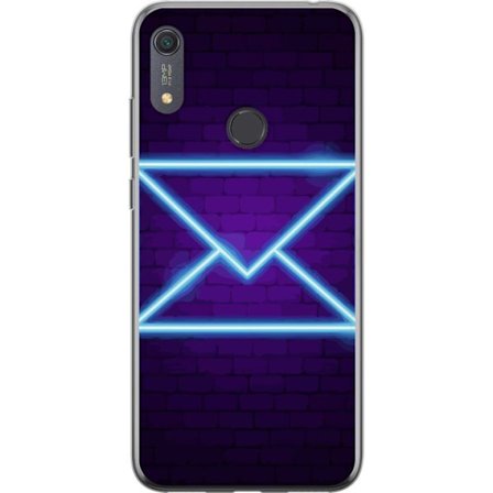 Kompatibel Mobilcover til Huawei Huawei Y6s (2019) Neon illustration af kuvert i blåt lys mod lilla teglvæg, moderne symbol for beskeder kommunikati