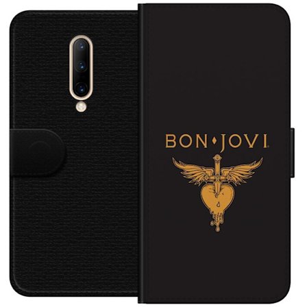 Kompatibelt Plånboksfodral till OnePlus OnePlus 7 Pro Ikonisk musikillustration med bevingat hjärta och dolk i guldtoner på mörk bakgrund, kraftfu