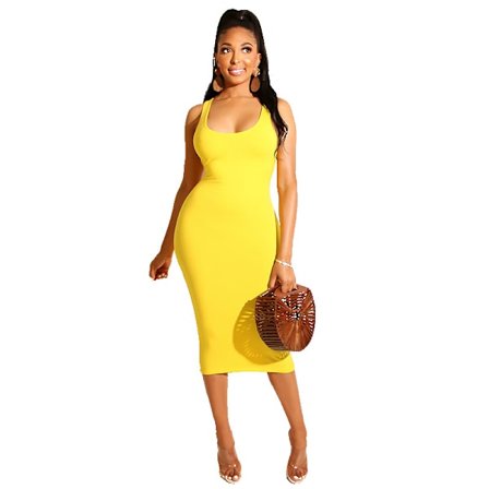Kvinners Sexy Bodycon Tank Kjole Ermeløs Basic Midi Club Kjoler GUL X