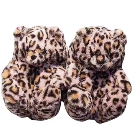 Mørk leopard print bamse bamse, plysdyr tøfler, vinter varme sko 24cm