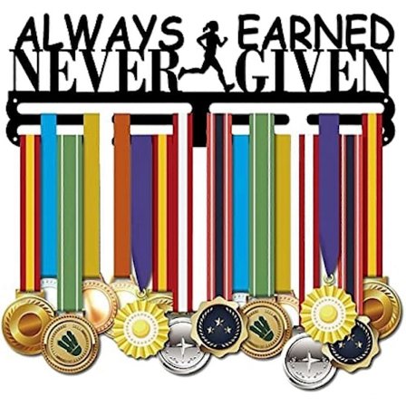 1 set Medaljhållare för löpning - Sportmedaljhållare med texten "Always Earned Never Given" - Väggmonterad medaljhållare i järn