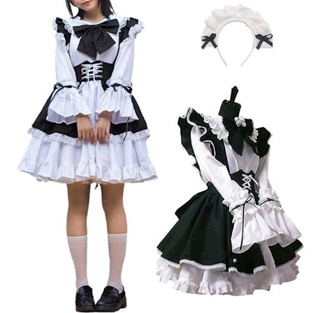 Anime Maid Cosplay Kostyme Langermet Forklekjole med Hodebånd for Menn Party XL