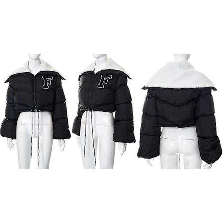 Dame Pufferjakke Cropped Glidelås Varm Vattert Jakke Med Oversized Lange Ermer