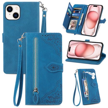 Lämplig för iPhone mobiltelefonfodral - mobiltelefon läderfodral flipfodral präglat kortfack läderfodral Blå iPhone 15 Pro iPhone 15 Pro Blå