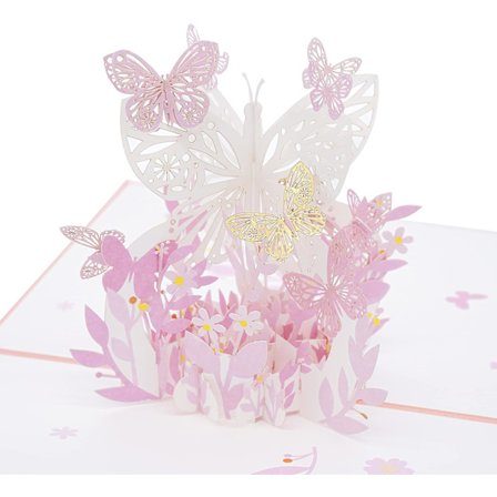 Fjärilskort med pop-up, handgjort rosa fjärilskort i 3D, födelsedag, mors dag, alla tillfällen