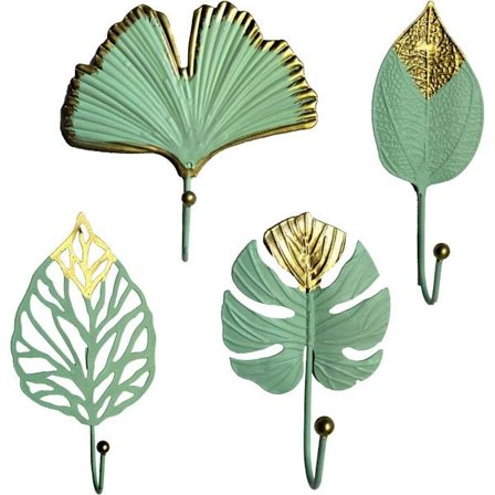 4-delt Mini Vægmontering i Metal, Bladform - Nøgleholder - Grøn - Selvklæbende