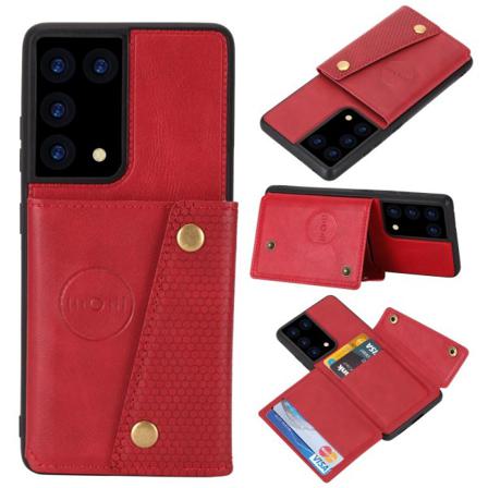 Samsung Galaxy S21 Ultra - Läder Skal Med Kortfack Och Magnet - Red Röd