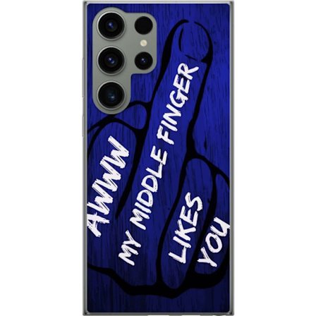 Kompatibelt Mobildeksel til Samsung Galaxy S23 Ultra Mørk typografisk illustrasjon med hjerteform og budskap om vennskap mot dyp blå tretekstur