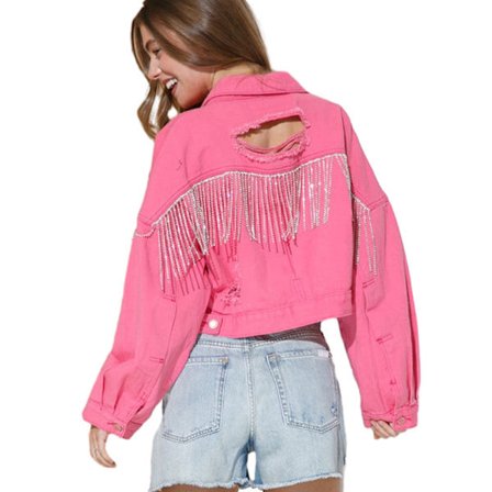 Naisten pitkähihainen farkkutakki reunuksilla ja strassilla