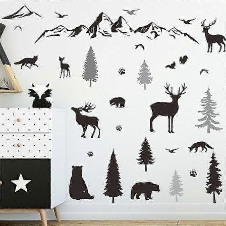Skog Veggdekorasjon Villdyr Barnerom Veggdekorasjoner Skog Vinyl Veggdekorasjoner Skog Tapet Furu Tre Skog Dekor Skogsdyr Bjørn Hjort Vegg 