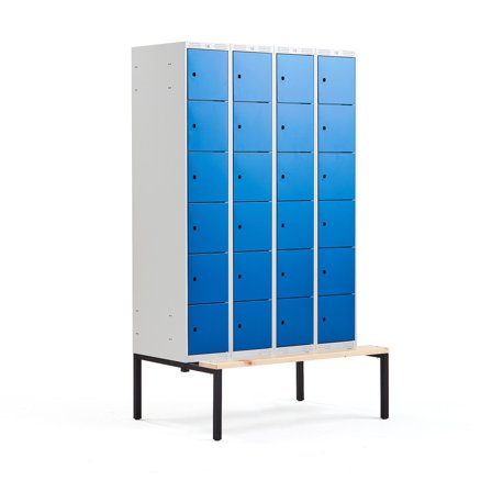 Kleiderspind CLASSIC mit Sitzbank, 4 Module/6 Türen, 2120 x 1200 x 550 mm, blau
