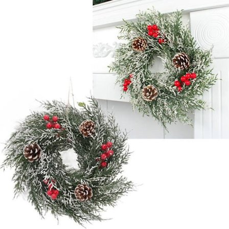 HURRISE simulering julekrans julekrans, kunstig hengende ornament med røde bær og festlys