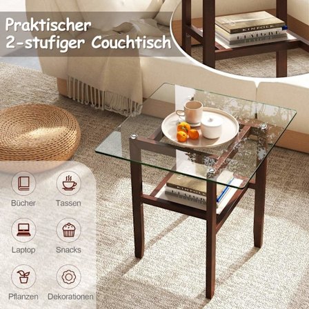 61 cm langt og bredt glas sidebord 2 etagers glasbord med opbevaringsplads brun