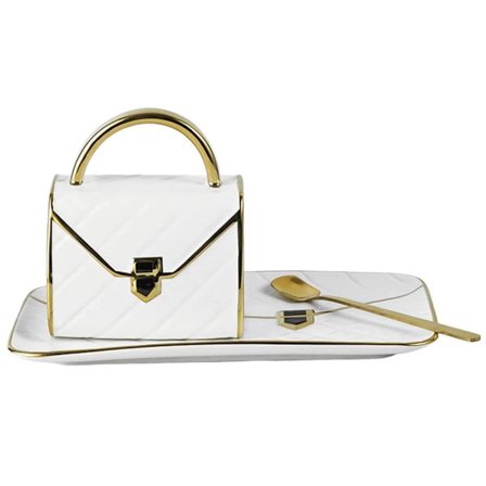 Håndveskeformet keramisk kopp og skål, hvit KLB