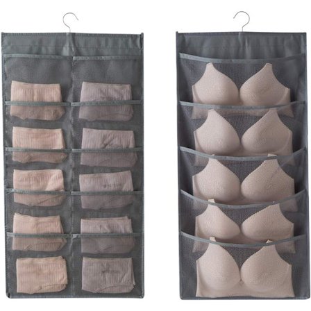 Förstorad garderobshängande behåorganisatör med roterande metallhängare, dubbelsidig vägghylla garderob nätfickor hängande förvaringsväska, grå