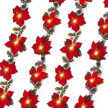 2m 20 LED Poinsettia Girlang Ljusslinga, Med Röda Bär Holly Blad, Ljusslinga, Jul