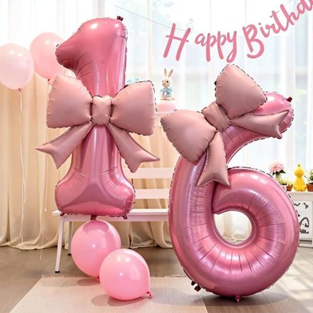 40 inch 0-9 Number Balloon Pink with Bow, Large Foil Balloon for Birthday Decoration