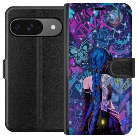 Kompatibelt Plånboksfodral till Google Google Pixel 9 Pro Färgstark graffitiillustration med blåhårig karaktär i urban neonstil och kreativt kaos