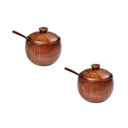 2 kpl Maustepurkkeja puuta, puukannella ja lusikalla, pohjoismainen minimalistinen tyyli, suola-astia, suolakulho, mauste