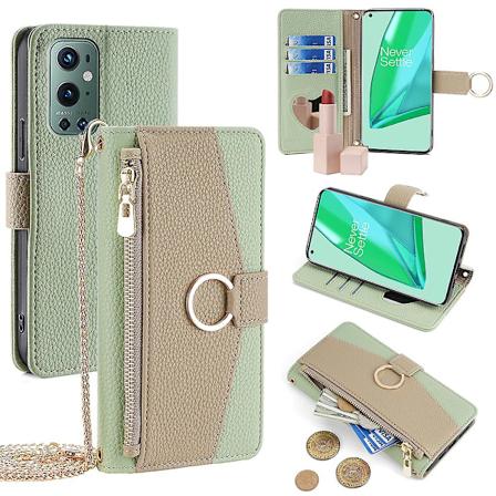 For OnePlus 9 Pro 5G Etui Læder Telefon Taske Cover Lynlås Pung Stativ med Spejl Rem Green