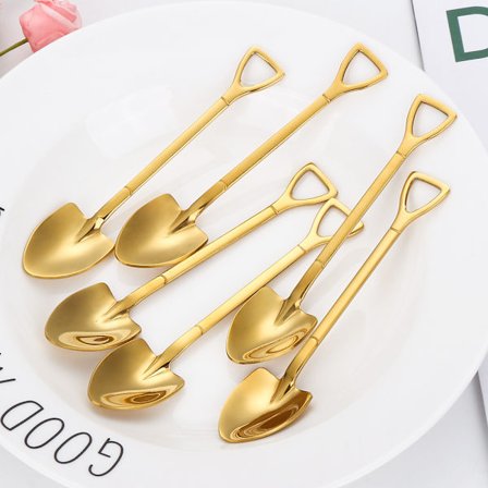 6-delat set med guldskedformade skedar, spade i rostfritt stål, enkel kaffesked, dessertsked, retro söt spadesked