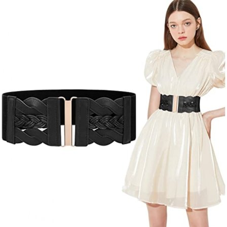 Elastisk vintage vevd bredt belte for kvinner - Moteriktig og allsidig kjolebelte for kvinner - Elastisk midjebelte - Svart