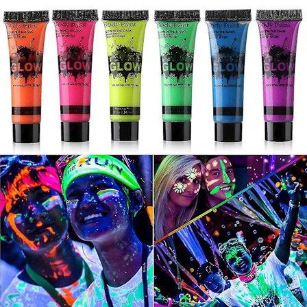 Glow In Dark Ansikts- och Kroppsmakeup UV Svartljus Neon Fluorescerande 0.34oz Set med 6 Tubar