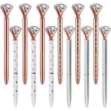 12 stk. Diamantkrystalpenne, Rosaguld Metalkuglepen 0,5 mm Sort Blæk Gelpen med 4 Kuglepen-refiller