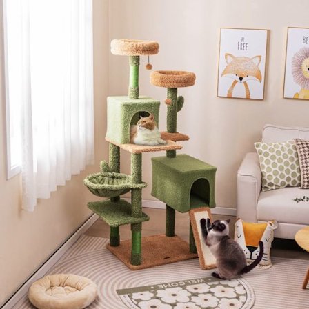 COSTWAY Cactus Cat Tree 63" multi-level, kradsestolper, 2 ejerlejligheder, polstrede siddepinde, hængende legetøj, kurv