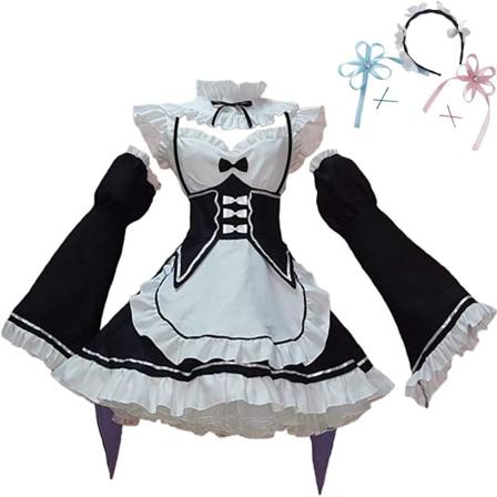 Cosplay Re:Zero Ram & Rem Lolita Maid Cosplay Kostym Set för Kvinnor Startar i En Annan Värld Japansk Anime Manga Stor