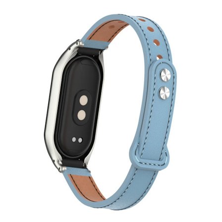 Armband för Xiaomi Mi Band 9, metallhölje med dubbelnitat läderarmband (Ljusblå)