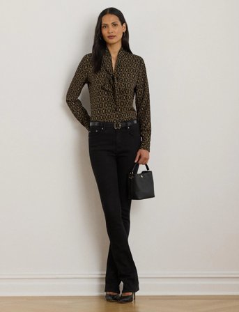 Lauren Ralph Lauren Chain-Print Crepe Tie-Neck Blouse - Black - M