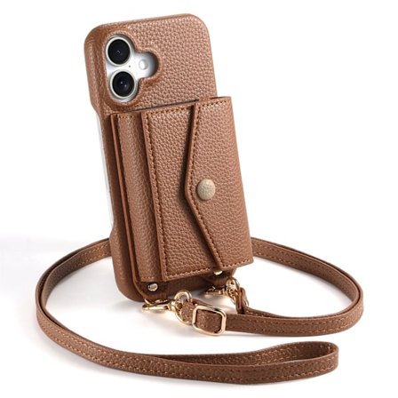 Etui til iPhone 16E/SE4/SE2025 brun Pebbled Accordion Crossbody Langt Armbånd Spejl Vindue