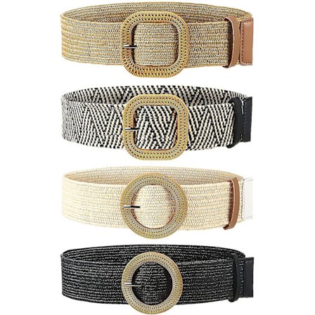 4 stk. flettet elastisk taljebælte til kvinder, tyndt kjolebælte i træ-stil