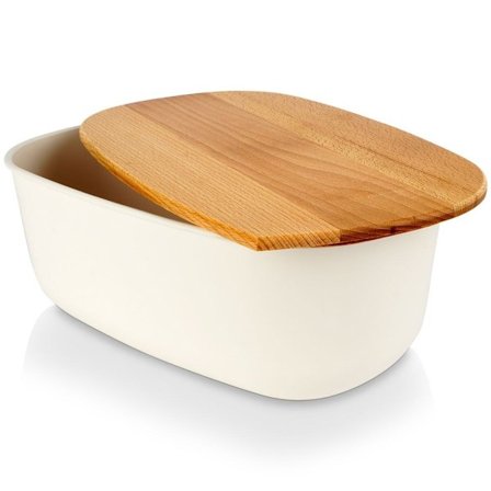 Rummelig cremefarvet brødkasse med træskærebræt