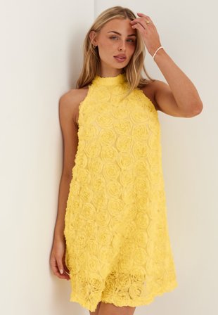 VILA - Viglory Halter Neck Short Dress - Pastel Yellow