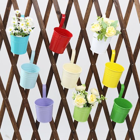 Stor Metall Blomkruka Vas Hink Hängande Trädgårdskruka med Dräneringshål, Balkong Heminredning, Avtagbar Krok (10 st med 10 Färger) Multicolor