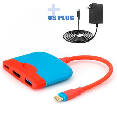 For Nintendo Type-C tre-i-ett-utvidelsesdokkbryter Bærbar Base HD Video Converter Hub Red and Blue US plug