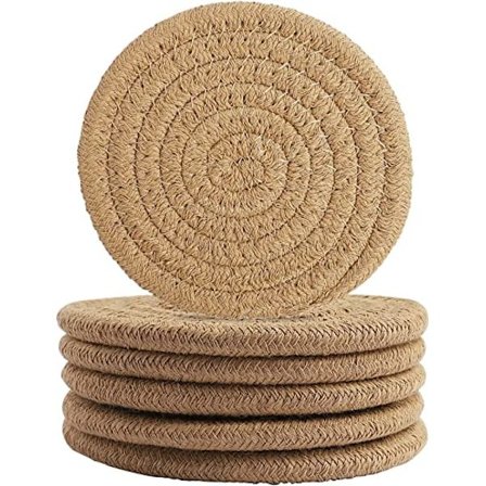 6 stk. kaffefarvede drikkeunderlag, 11 cm runde vævede underlag