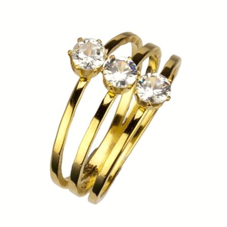 Guld Ring Trippelring i Rostfritt Stål & Vita Stenar - Stl 19,75