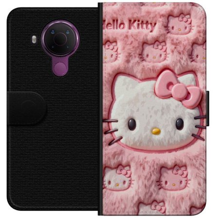 Kompatibelt Lommeboketui til Nokia 5.4 Hello Kitty rosa fluffy bakgrunn med ikoniskt ansikt og kawaii-estetikk