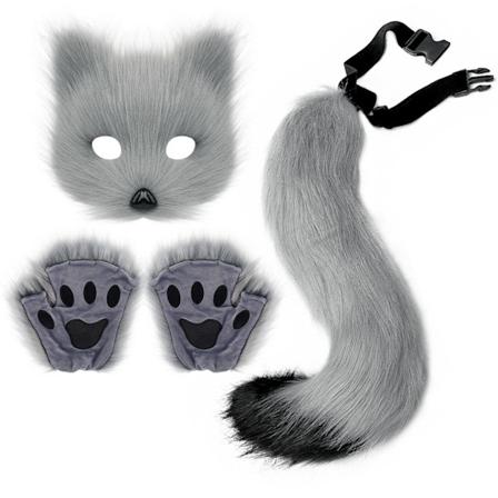 Halloween-kostyme simulering revmaske hansker plysj revhale håndlaget dyrehale cosplay rekvisitter tilbehør Gray three piece suit One Size
