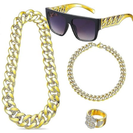 Hip Hop Kostym Kit för Män, Rapper Tillbehör Hippie Kostym Set Guld Kedja Dollar Tecken Halsband Ring Och Svarta Guld Solglasögon Outfit Disco Kostym