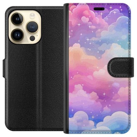 Kompatibelt Lommeboketui til Apple iPhone 15 Pro Søt enhjørning med regnbuefarget hår mot en stjernebelagt pastellbakgrunn i kawaii-stil